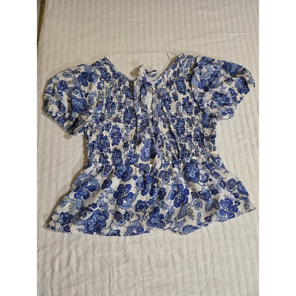 Sienna Sky Blue Floral Tie Blouse, Womens L Open Back V Neck Free Shipping - Picture 2 of 8